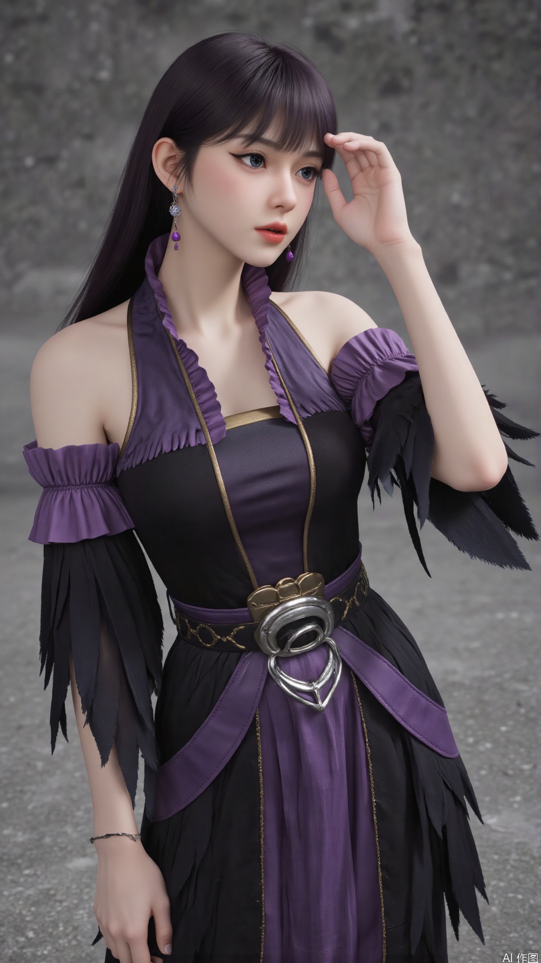 masterpiece,best quality,1girl, black hair, solo, dress, jewelry, earrings, long hair, bare shoulders, bangs, purple dress, sitting