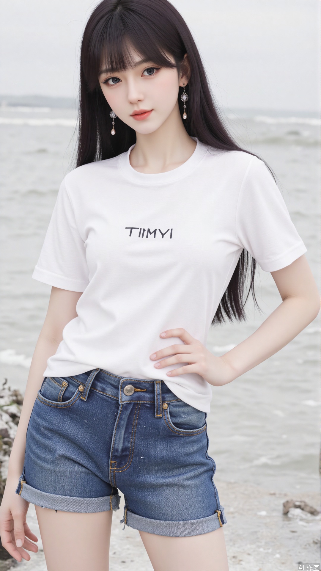 White t-shirt with ”Tim_Yi“ written on it, jeans shorts,1girl
