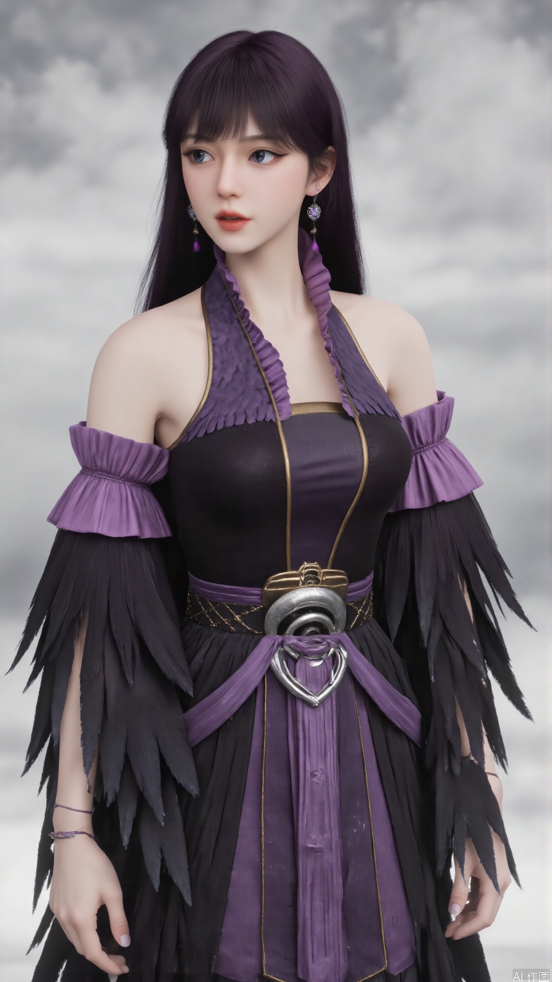 masterpiece,best quality,1girl, black hair, solo, dress, jewelry, earrings, long hair, bare shoulders, bangs, purple dress, sitting