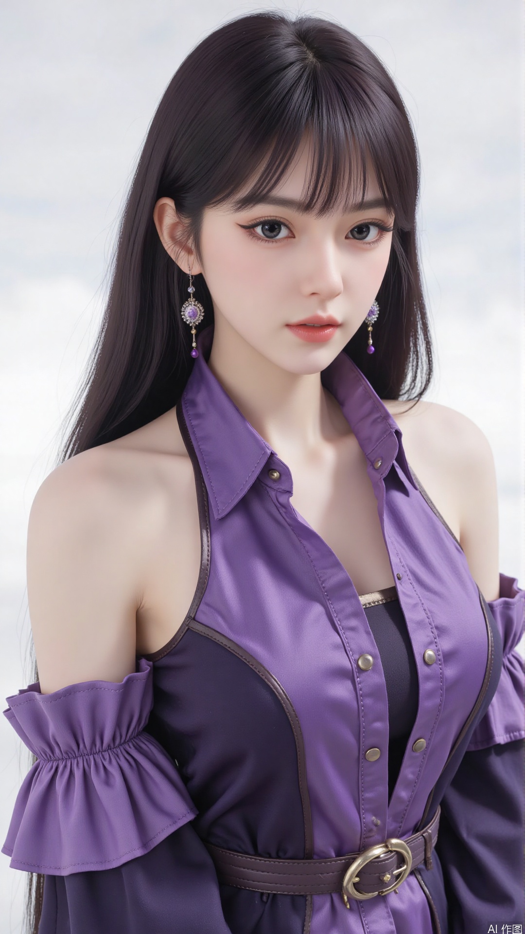 masterpiece,best quality,1girl, black hair, solo, dress, jewelry, earrings, long hair, bare shoulders, bangs, purple dress, cowboy shot