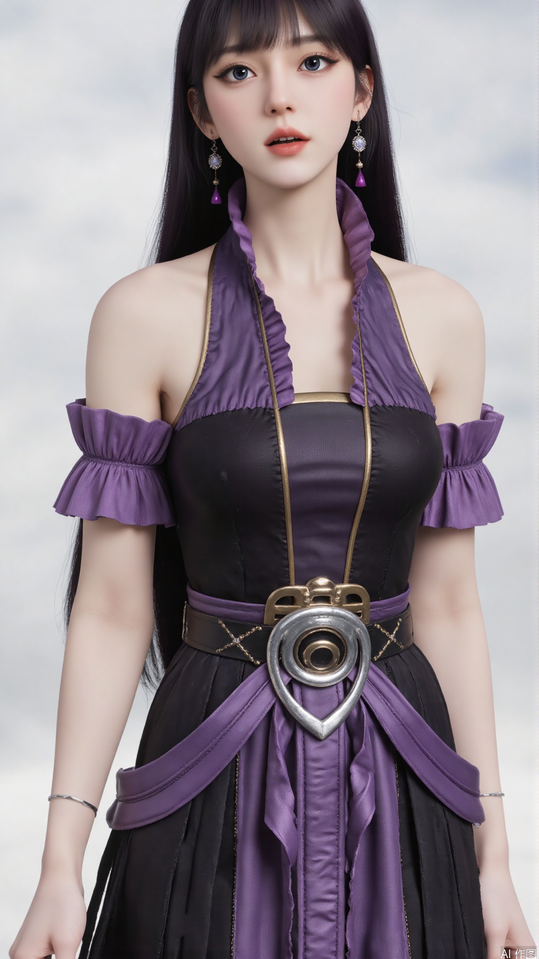 masterpiece,best quality,1girl, black hair, solo, dress, jewelry, earrings, long hair, bare shoulders, bangs, purple dress, cowboy shot