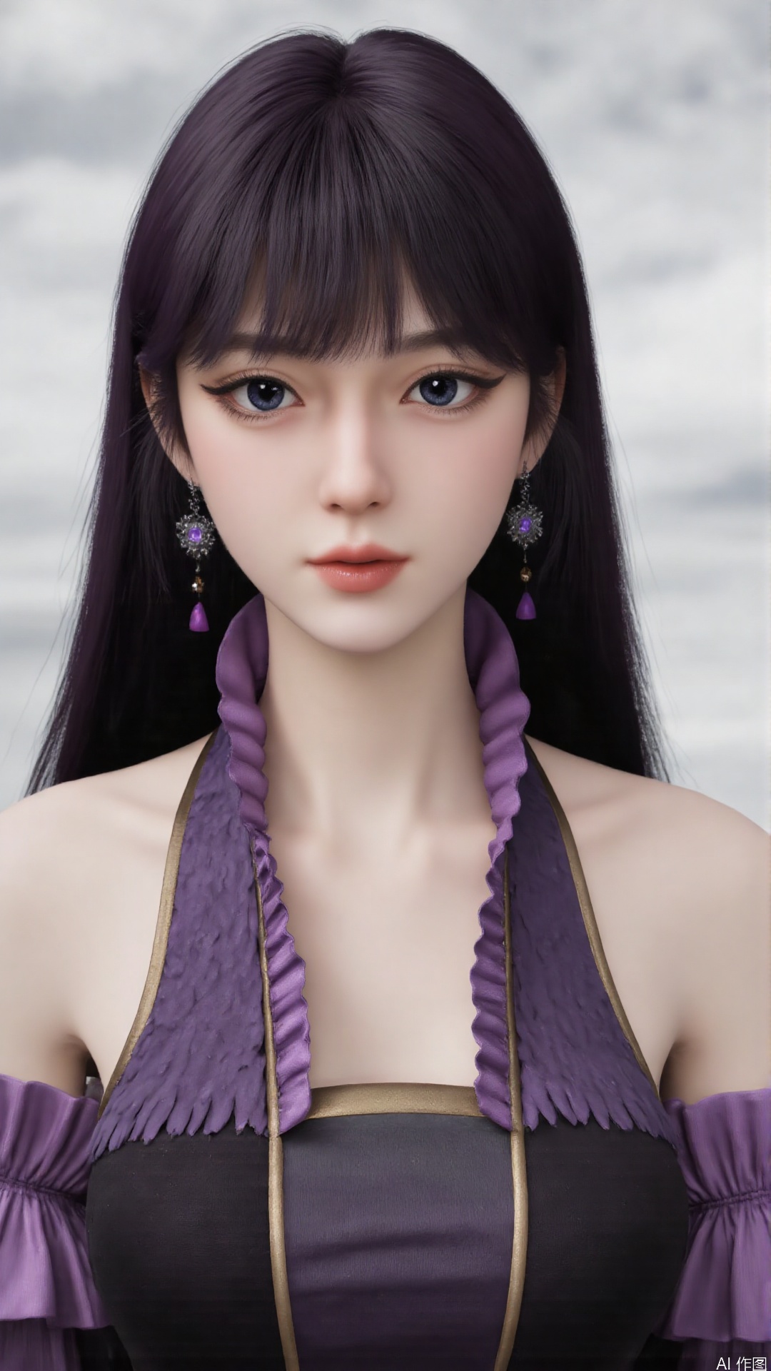 masterpiece,best quality,1girl, black hair, solo, dress, jewelry, earrings, long hair, bare shoulders, bangs, purple dress, cowboy shot