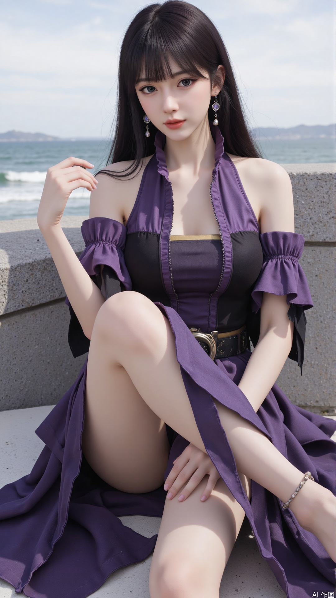 masterpiece,best quality,1girl, black hair, solo, dress, jewelry, earrings, long hair, bare shoulders, bangs, purple dress, sitting