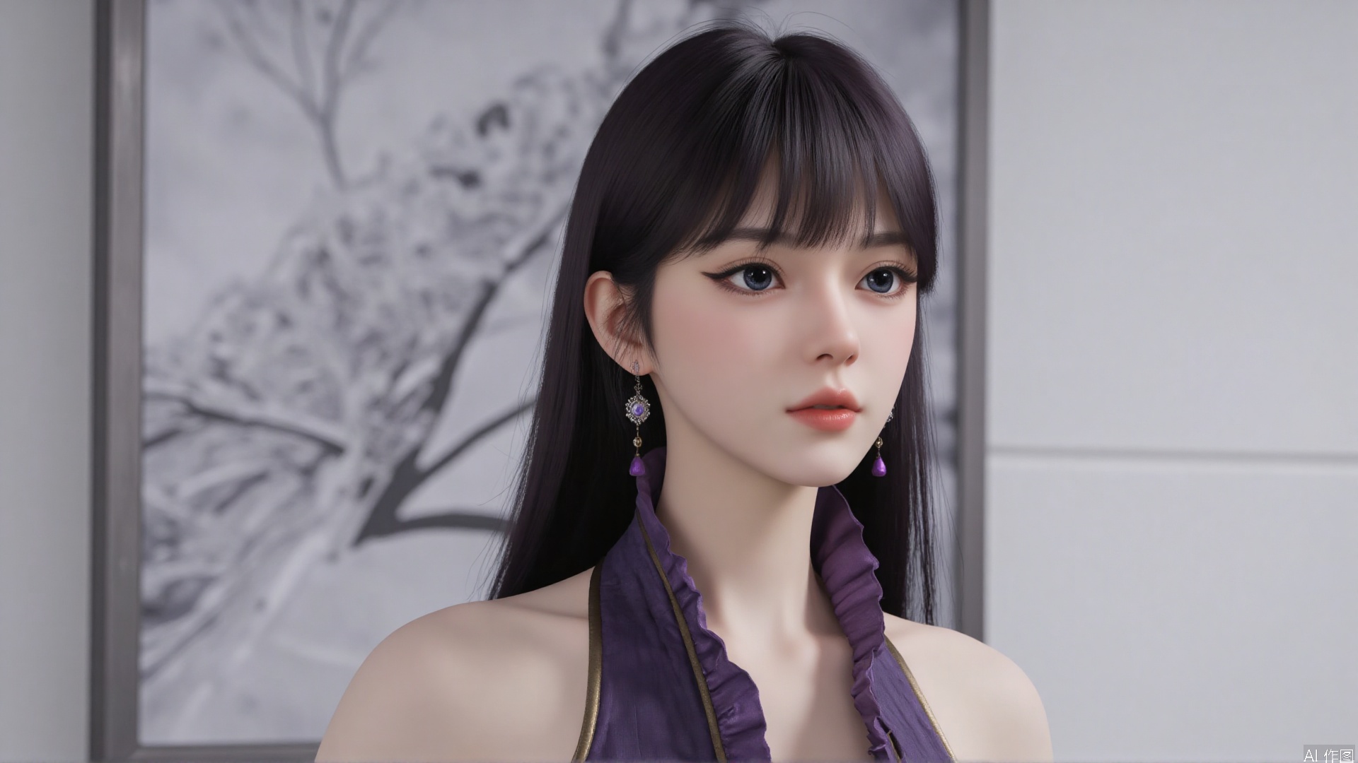 masterpiece,best quality,1girl, black hair, solo, dress, jewelry, earrings, long hair, bare shoulders, bangs, purple dress, cowboy shot