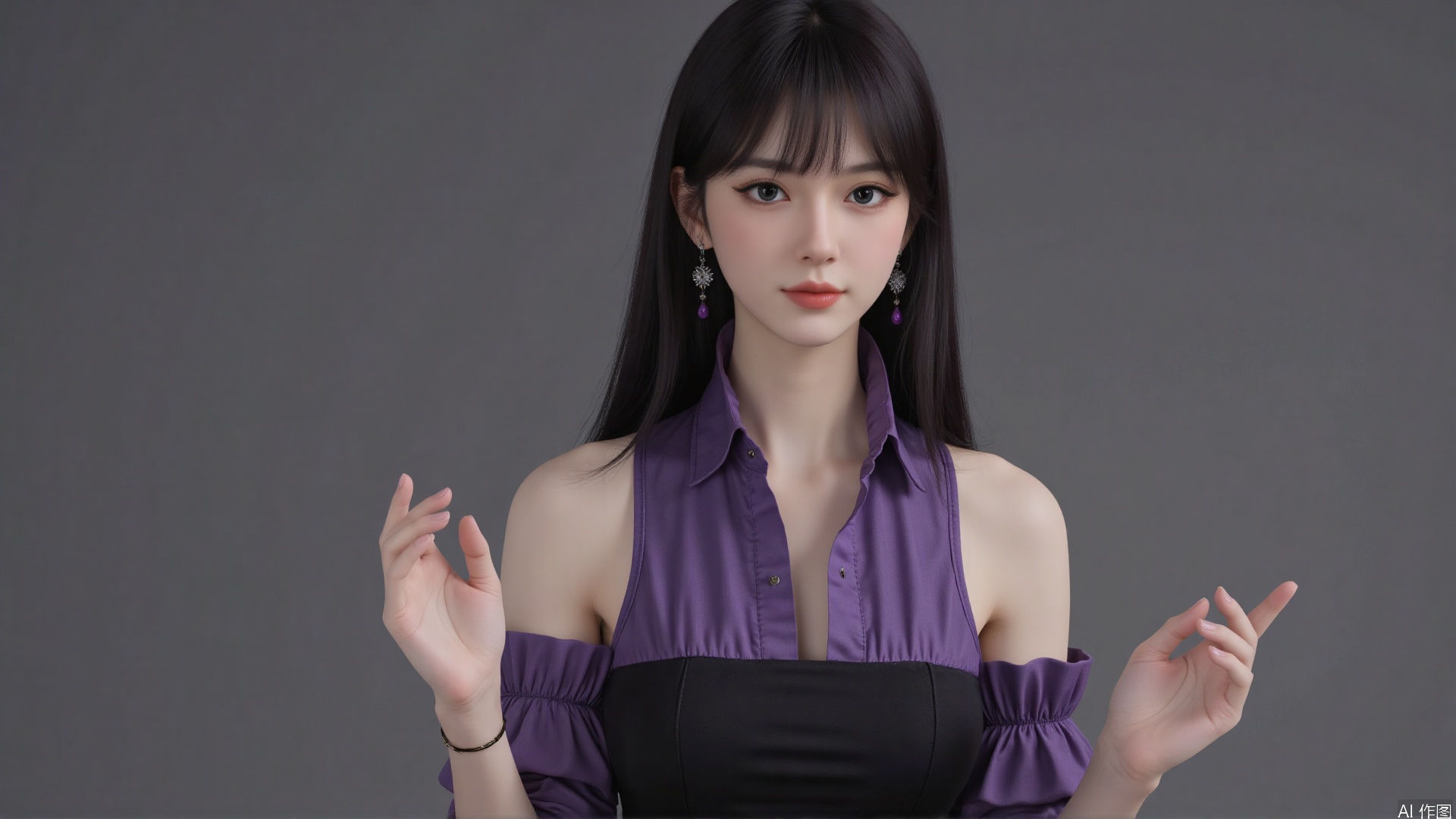 masterpiece,best quality,1girl, black hair, solo, dress, jewelry, earrings, long hair, bare shoulders, bangs, purple dress, cowboy shot