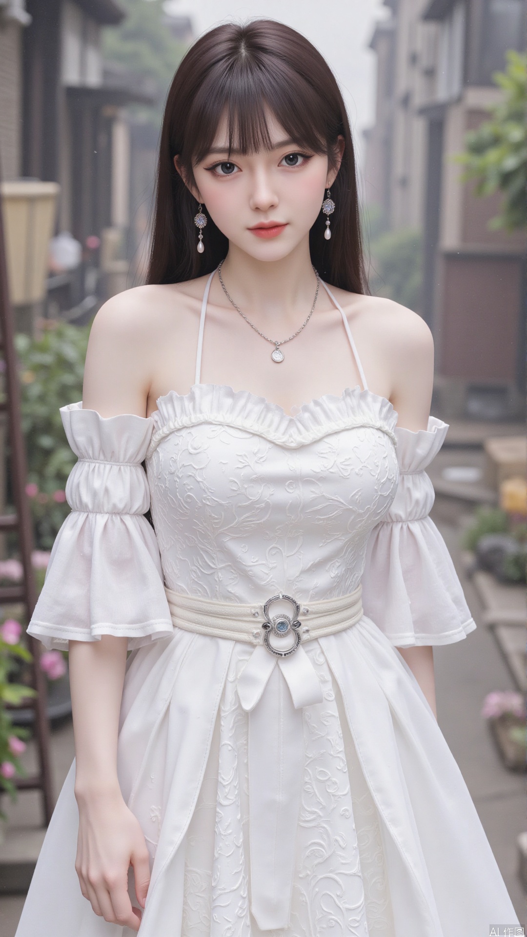 1girl, white wedding dress,looking at viewer, mischevious smile, perfect body, scenery, sharp focus, best quality, masterpiece, detailed outfit, illustration, perfect eyes, finely detailed beautiful anime eyes, realistic skin, intricate details, best lighting, depth of field, ultra high resolution, cowboy_shot, bride