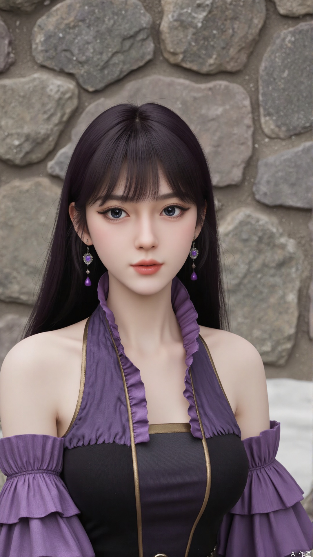 masterpiece,best quality,1girl, black hair, solo, dress, jewelry, earrings, long hair, bare shoulders, bangs, purple dress, sitting