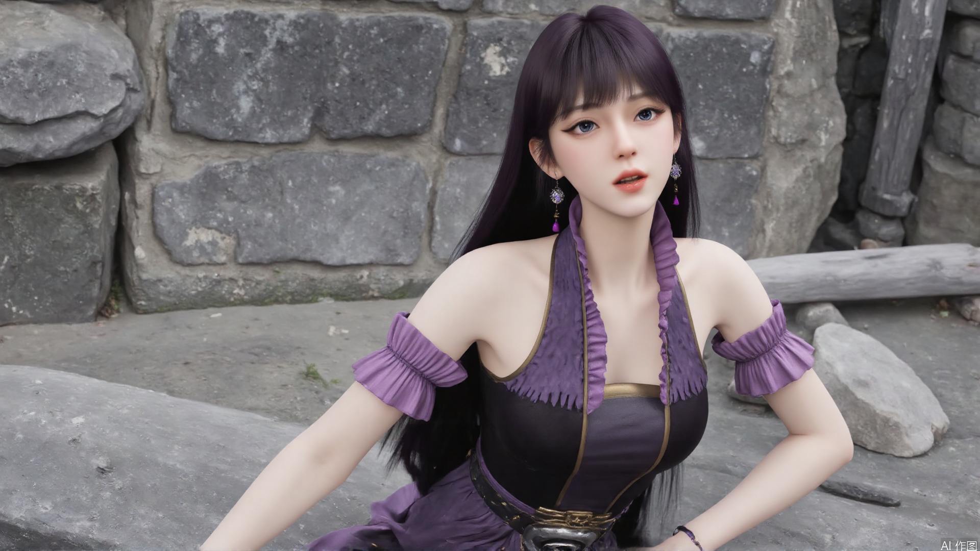 masterpiece,best quality,1girl, black hair, solo, dress, jewelry, earrings, long hair, bare shoulders, bangs, purple dress, cowboy shot