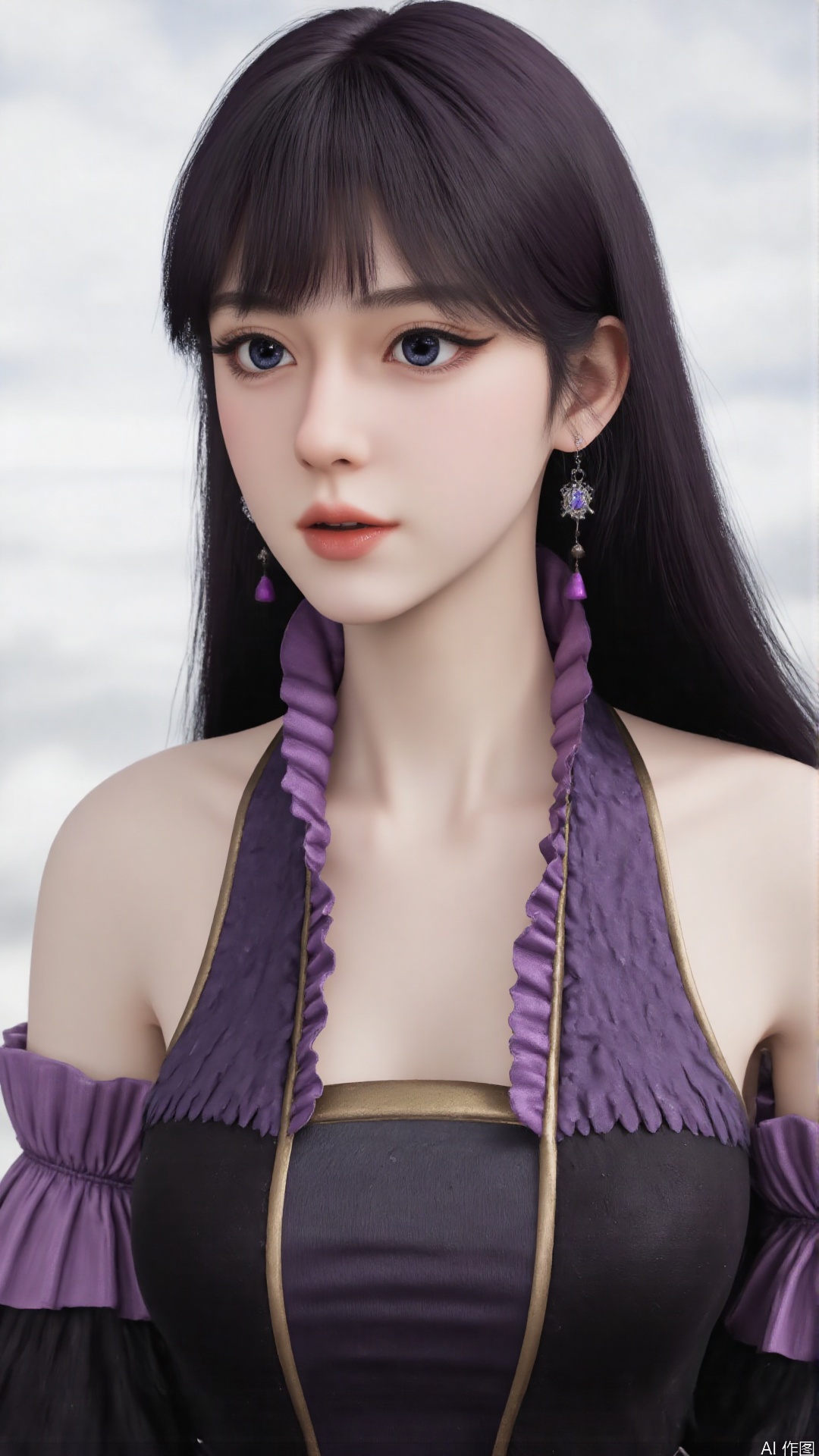 masterpiece,best quality,1girl, black hair, solo, dress, jewelry, earrings, long hair, bare shoulders, bangs, purple dress, sitting