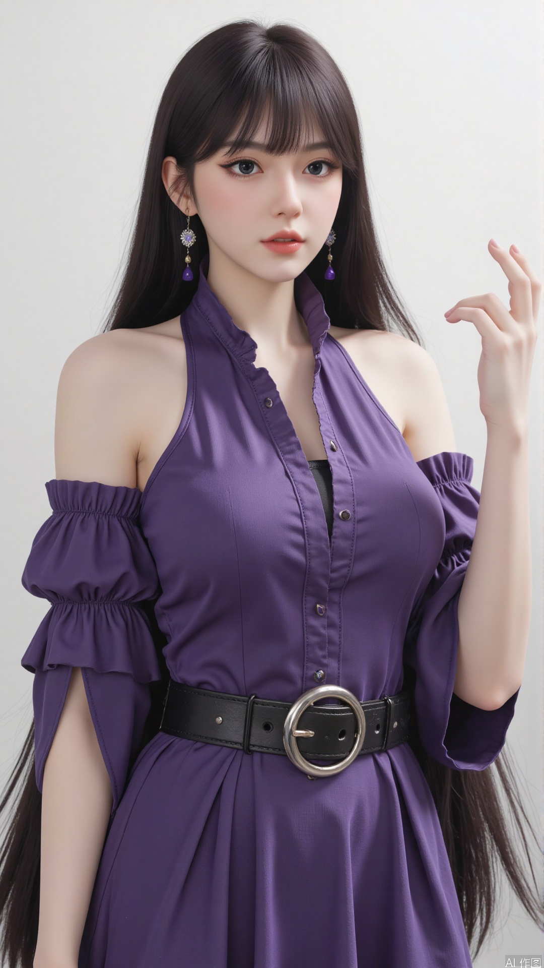 masterpiece,best quality,1girl, black hair, solo, dress, jewelry, earrings, long hair, bare shoulders, bangs, purple dress, cowboy shot