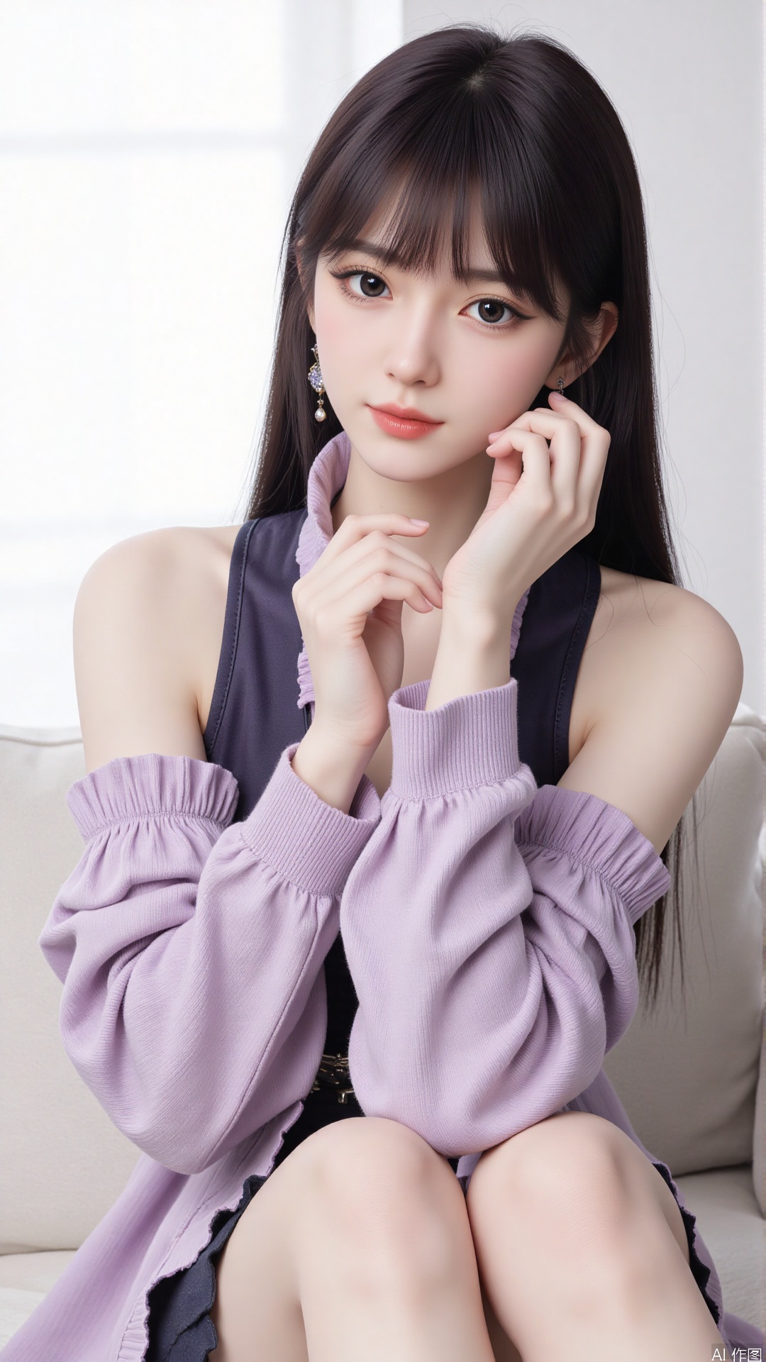 1girl, solo, long hair, looking at viewer, smile, sitting, collarbone, off shoulder, sweater, messy hair, realistic