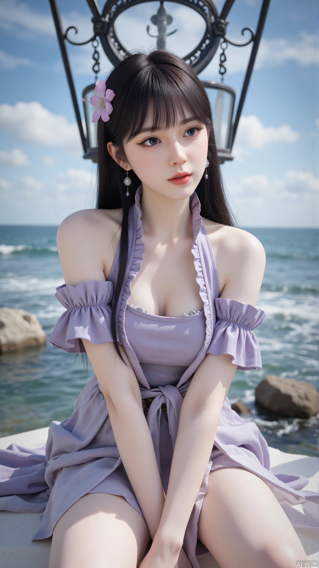 Very detailed face, extremely detailed eyes and face, blue eyes, (vacuum), 8K wallpaper, light leak, beautiful and detailed girl, extremely detailed CGUnity8K wallpaper, an extremely detailed and beautiful, beautiful and detailed eyes, masterpiece, best quality, Real photo level, (frontal shooting panoramic perspective), ( (Full body photo)), dynamic angle, dynamic pose, solo, ancient style silver hairpin with petals, blue sky and white clouds, (C cup), (huge round breasts), slender legs, super good figure, stunning beauty, (whole body in the mirror) , (wearing Lolita nightgown), (light reflects the shadow of the body through the clothes),vacuum,bare and smooth