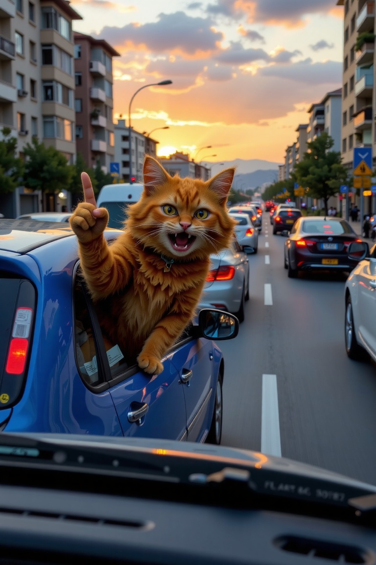 A hilarious and surreal,  photorealistic image of a fluffy,  long-haired ginger cat experiencing a moment of intense road...