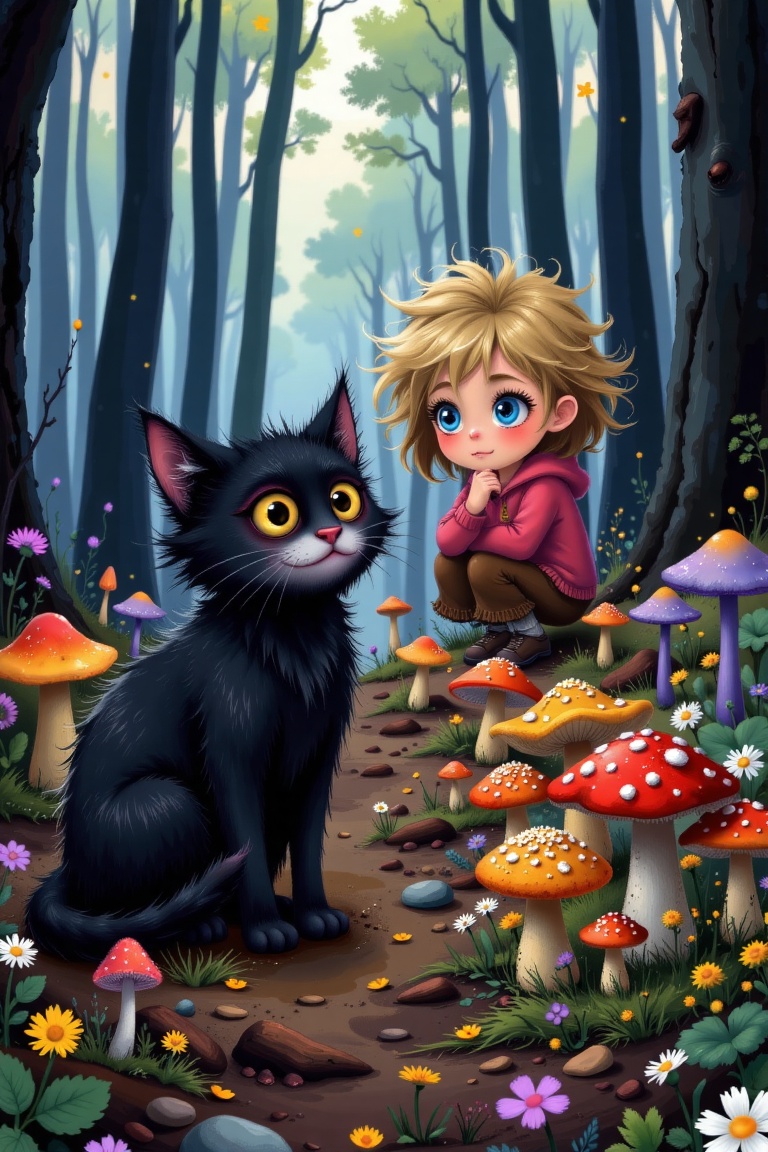 Cute girl with messy hair,  squatting on the ground and talking to a fat cat with black body and yellow pupils,  they are...