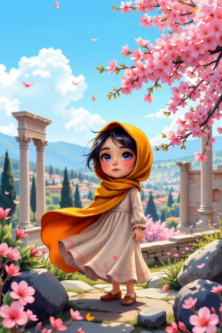 Imagine a delightful chibi girl in a sunny ochre hijab and a flowing bohemian-style dress,  amidst a bokeh-filled scene of...