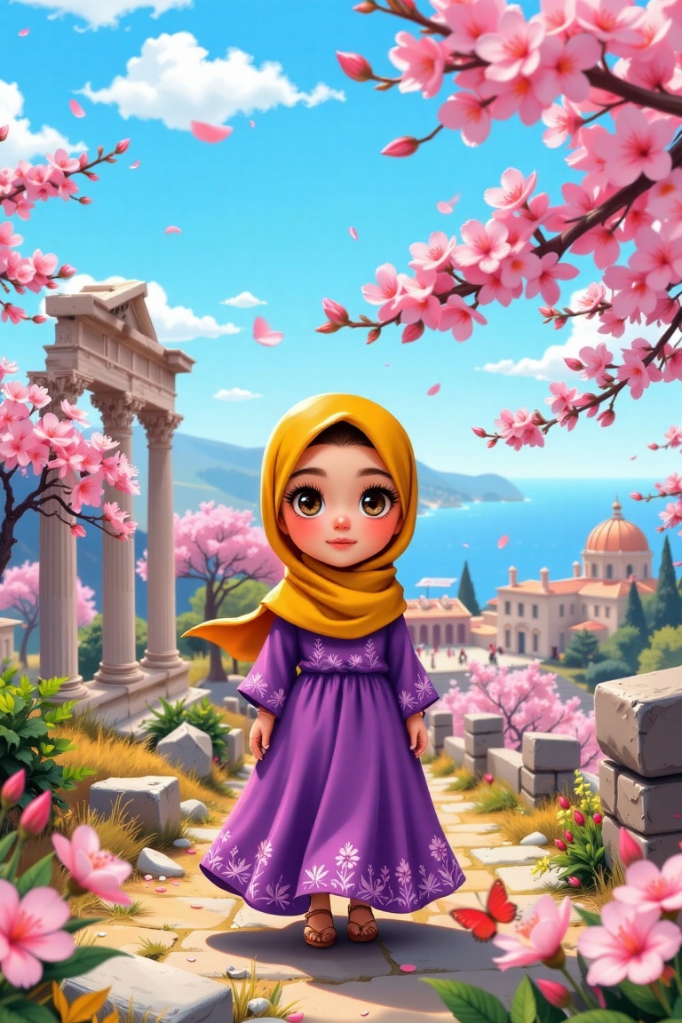 Imagine a delightful chibi girl in a sunny ochre hijab and a flowing bohemian-style dress,  amidst a bokeh-filled scene of...
