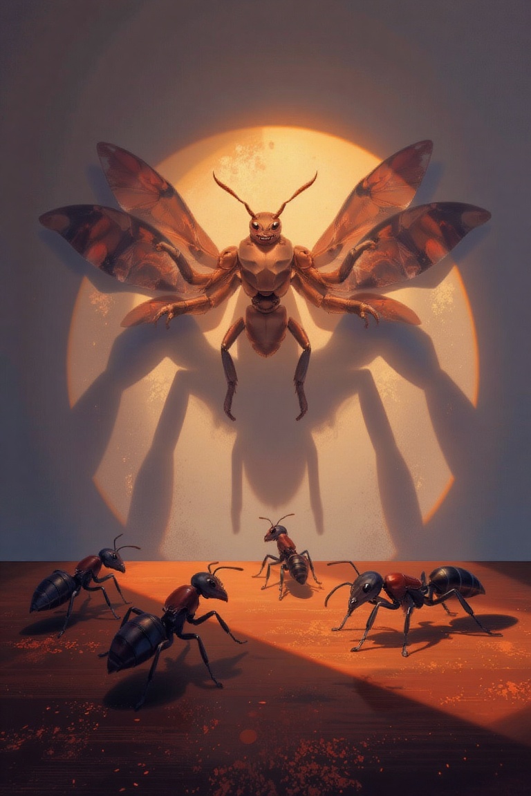 An ants are on the table,  exposed to light and reflect their shadows on the wall like a large monster ants,  masterpiece...