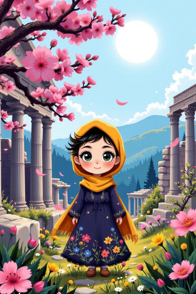 Imagine a delightful chibi girl in a sunny ochre hijab and a flowing bohemian-style dress,  amidst a bokeh-filled scene of...