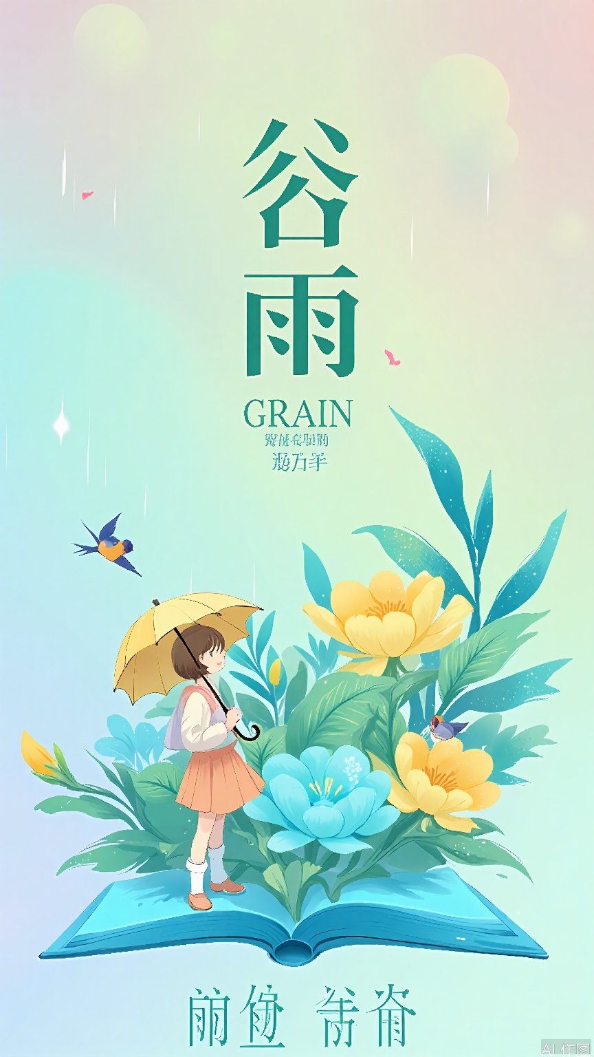 GYCH, A whimsical digital illustration featuring a young girl with short brown hair holding a yellow umbrella, standing on a book floating in the air. She is surrounded by vibrant, oversized flowers in shades of yellow, blue, and green. A small bird with a blue body and orange wings is perched on a flower. The background is a soft gradient of pastel colors. The image has a playful and dreamy aesthetic. The text at the top reads "GRAIN RAIN" in green, with additional Chinese characters below. The art style is reminiscent of Japanese anime with a touch of fantasy.