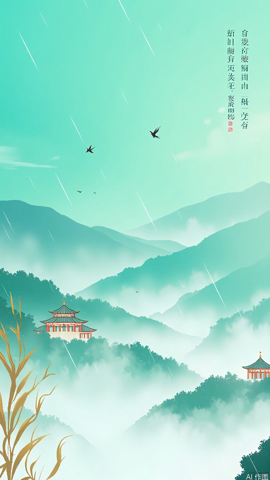 GYCH, A serene, digital painting of a traditional Chinese pavilion with red and green accents, set against a backdrop of misty, turquoise mountains. The scene is bathed in soft, diffused light, with gentle rain falling and a few birds flying in the sky. The foreground features some dry, golden grass. The painting has a dreamy, ethereal quality with a sense of tranquility and calm.