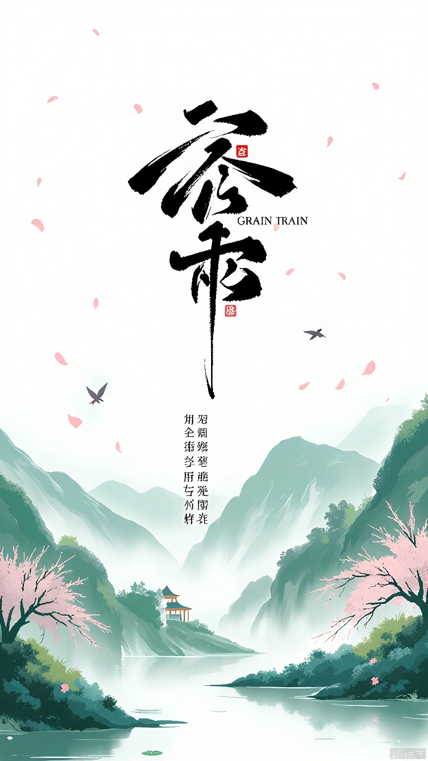 GYCH, Digital art in an Asian-inspired style, featuring a serene landscape with a traditional Chinese bridge over a tranquil pond. The background showcases soft, misty mountains and cherry blossom trees in bloom, with petals gently falling. A small bird is flying near the bridge. The foreground is a calm, reflective water surface with lily pads. The color palette is dominated by greens, blues, and soft pinks. The title "GRAIN TRAIN" is prominently displayed in black calligraphy at the top center, with smaller text below in Chinese characters. The overall mood is peaceful and reflective.