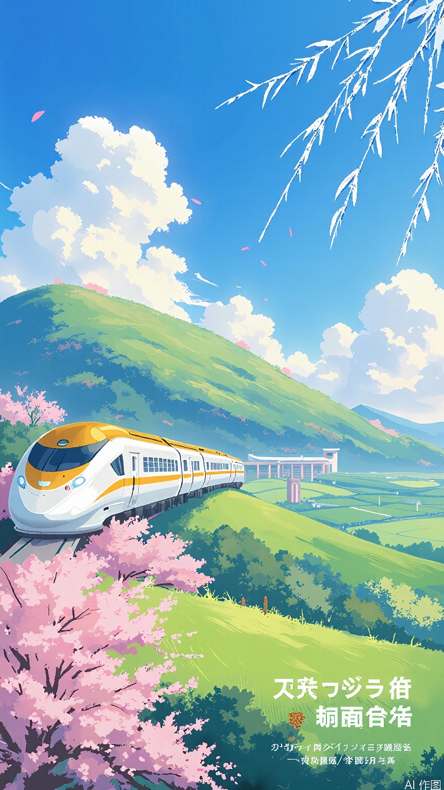 GYCH, A digital illustration featuring a high-speed train traveling through a lush, green landscape with blooming cherry blossoms. The train, with a sleek, modern design, is predominantly white with yellow accents. The background showcases rolling hills and a bright blue sky with fluffy white clouds. Cherry blossom trees in full bloom frame the scene, adding vibrant pink hues. Japanese text is present on the right side, with a small, stylized tree icon. The overall style is vibrant and colorful, with a focus on nature and modern transportation.