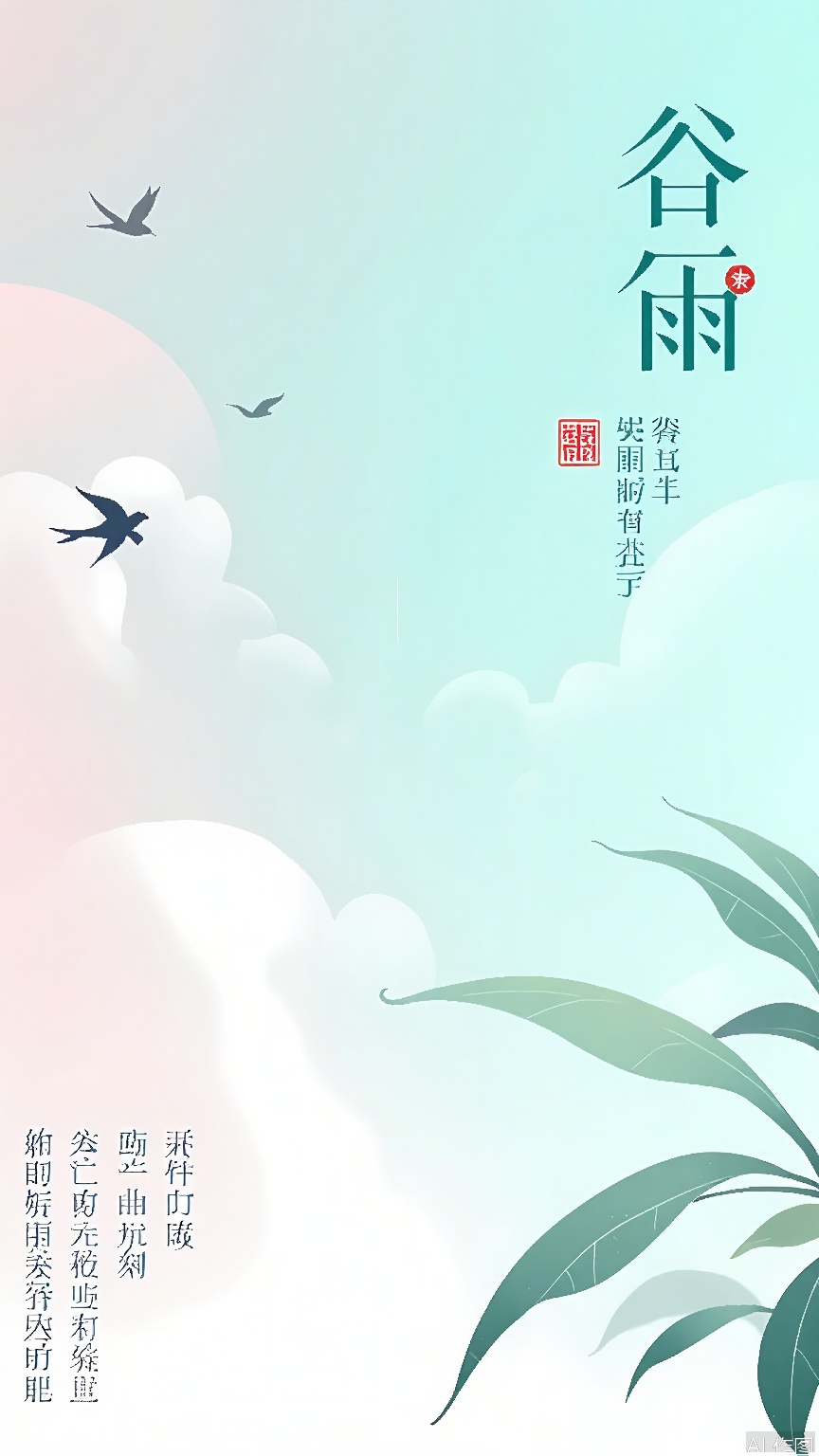 GYCH, A digital illustration with a soft, pastel color palette featuring a gentle gradient from light pink to pale blue. The image includes a large, stylized bird in flight, with a smaller bird in the background. The birds are rendered in a minimalist, almost abstract style. There are large, overlapping leaf shapes in the foreground, adding a sense of depth. Chinese characters are prominently placed in the top right corner, with a smaller, simpler text block in the bottom left. The overall design is clean and serene, with a focus on simplicity and elegance.