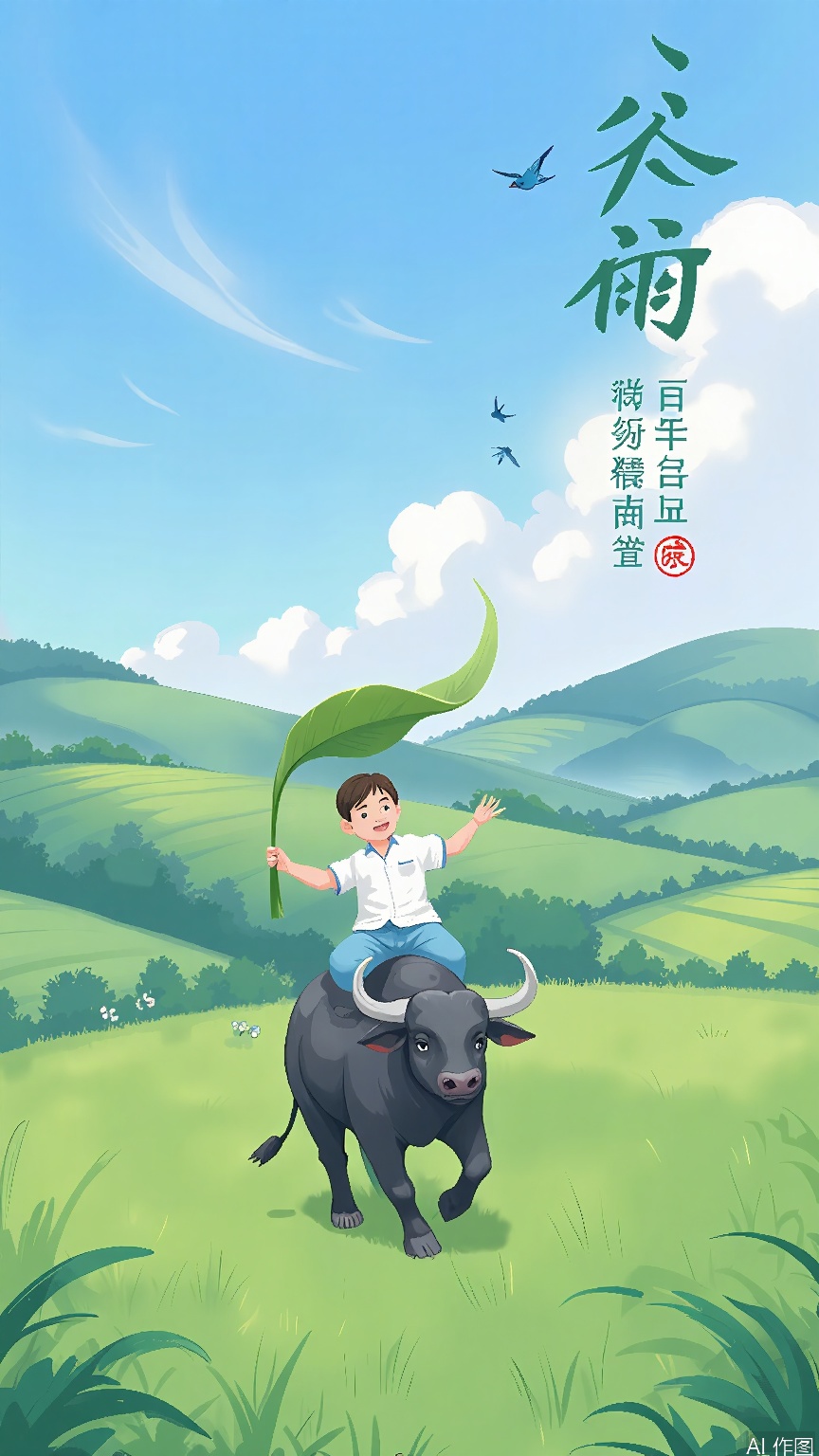GYCH, A digital illustration of a young boy riding a water buffalo through a lush, green field. The boy is wearing a white shirt and blue pants, and he is holding a large green leaf above his head. The water buffalo has large horns and a calm expression. The background features rolling hills, a blue sky with light clouds, and a few birds flying in the distance. The image has a soft, pastel color palette and a whimsical, cartoon-like style. Chinese characters are written in the top right corner.