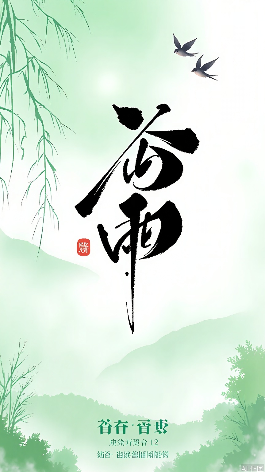 GYCH, Digital artwork featuring a traditional Chinese painting style. The background is a soft gradient of green and white, with a few stylized trees and bushes. A large black brush stroke in the center reads "四月二十日" in Chinese, with a small red seal below. Two small birds are flying in the top right corner. The bottom of the image has a text in Chinese and English that says "One of the 12 Solar Terms." The overall aesthetic is calm and serene, with a focus on natural elements and traditional calligraphy.