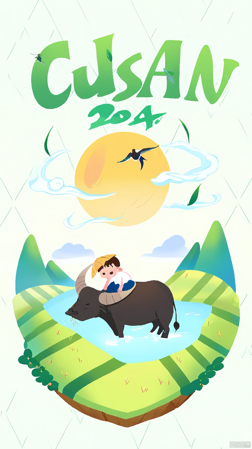 GYCH, A digital illustration of a young boy riding a water buffalo through a lush, green field. The boy is wearing a white shirt and blue pants, and he is holding a large green leaf above his head. The water buffalo has large horns and a calm expression. The background features rolling hills, a blue sky with light clouds, and a few birds flying in the distance. The image has a soft, pastel color palette and a whimsical, cartoon-like style. Chinese characters are written in the top right corner.