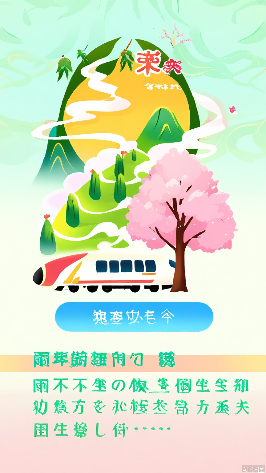 GYCH, A digital illustration featuring a high-speed train traveling through a lush, green landscape with blooming cherry blossoms. The train, with a sleek, modern design, is predominantly white with yellow accents. The background showcases rolling hills and a bright blue sky with fluffy white clouds. Cherry blossom trees in full bloom frame the scene, adding vibrant pink hues. Japanese text is present on the right side, with a small, stylized tree icon. The overall style is vibrant and colorful, with a focus on nature and modern transportation.