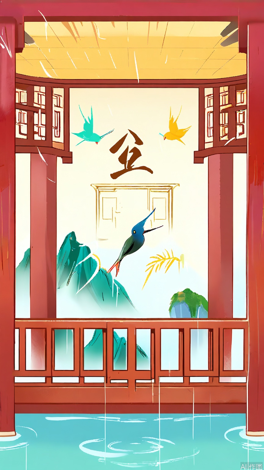 GYCH, A serene, digital painting of a traditional Chinese pavilion with red and green accents, set against a backdrop of misty, turquoise mountains. The scene is bathed in soft, diffused light, with gentle rain falling and a few birds flying in the sky. The foreground features some dry, golden grass. The painting has a dreamy, ethereal quality with a sense of tranquility and calm.