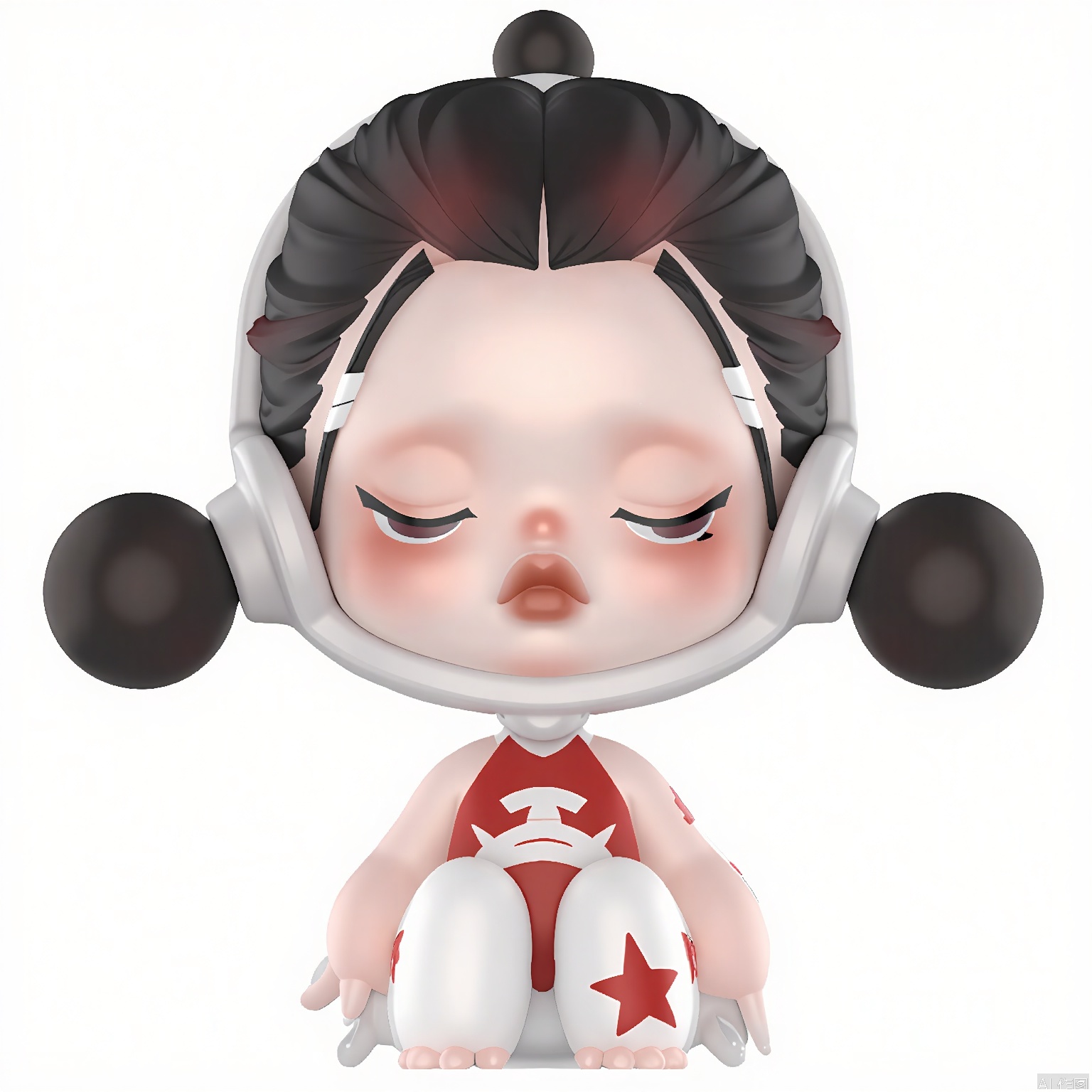 PPMT, A cute, chibi-style digital drawing of a girl with a large head, small body, and a serious expression. She has dark, braided hair with red highlights, tied with a red ribbon. She wears a white and red outfit with a red star on the right sleeve. The background is plain white. The art style is anime-inspired with soft shading and smooth lines.