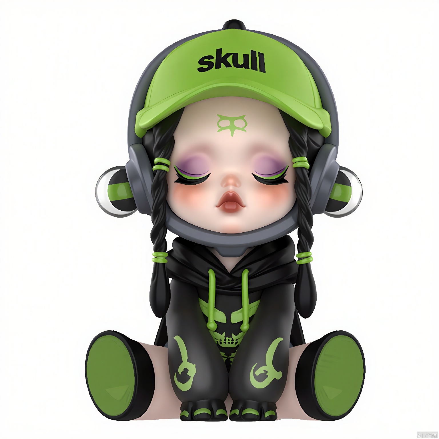 PPMT, Digital illustration of a chibi-style character with a skull-themed design. The character has a small, round face with closed eyes, a small mouth, and a peaceful expression. They are wearing a black hoodie with a green skull cap that has the word "skull" written on it. The hoodie has a green skull emblem on the chest. The character has long, black braided hair and wears black and green gloves. They are sitting with their legs spread apart, wearing black and green shoes. The background is plain white, and the style is cartoonish and cute.