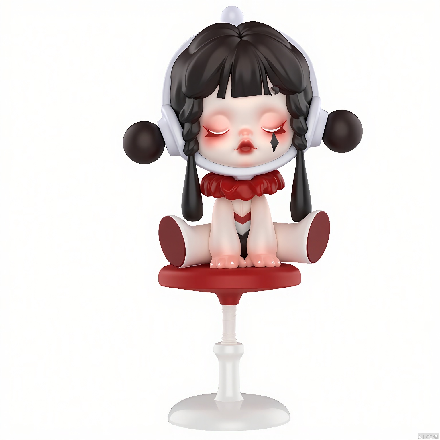 PPMT, A chibi-style drawing of a character with a large head, small body, and exaggerated features. The character has black hair styled in two long pigtails, pale skin, and a small, round body. They are wearing a red ruffled collar and a red belt, with a white and red outfit. The character has a small, black tear mark on their cheek and a single eye, which is closed. The background is plain white. The character is sitting on a red bar stool with a white seat. The style is cute and whimsical.
