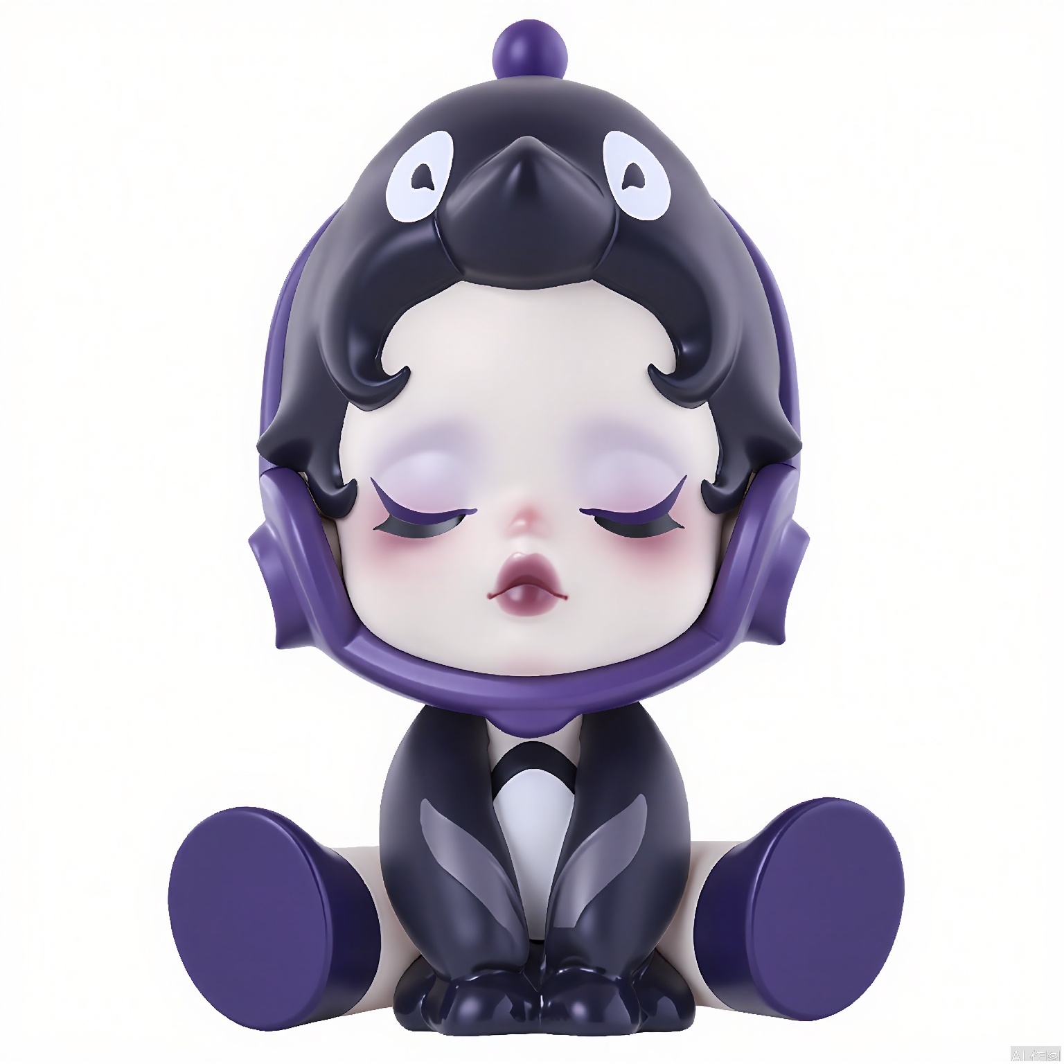 PPMT, A small, chibi-style figurine of a character with a penguin costume, featuring a round, white face with closed eyes and pink blush marks. The character has short, wavy black hair and wears a penguin helmet with a beak. The costume is black and purple, with a penguin head design on the chest. The figurine sits in a puddle of purple goo, with the character's hands and feet sticking out. The background is plain white. The figurine has a cute and whimsical design.