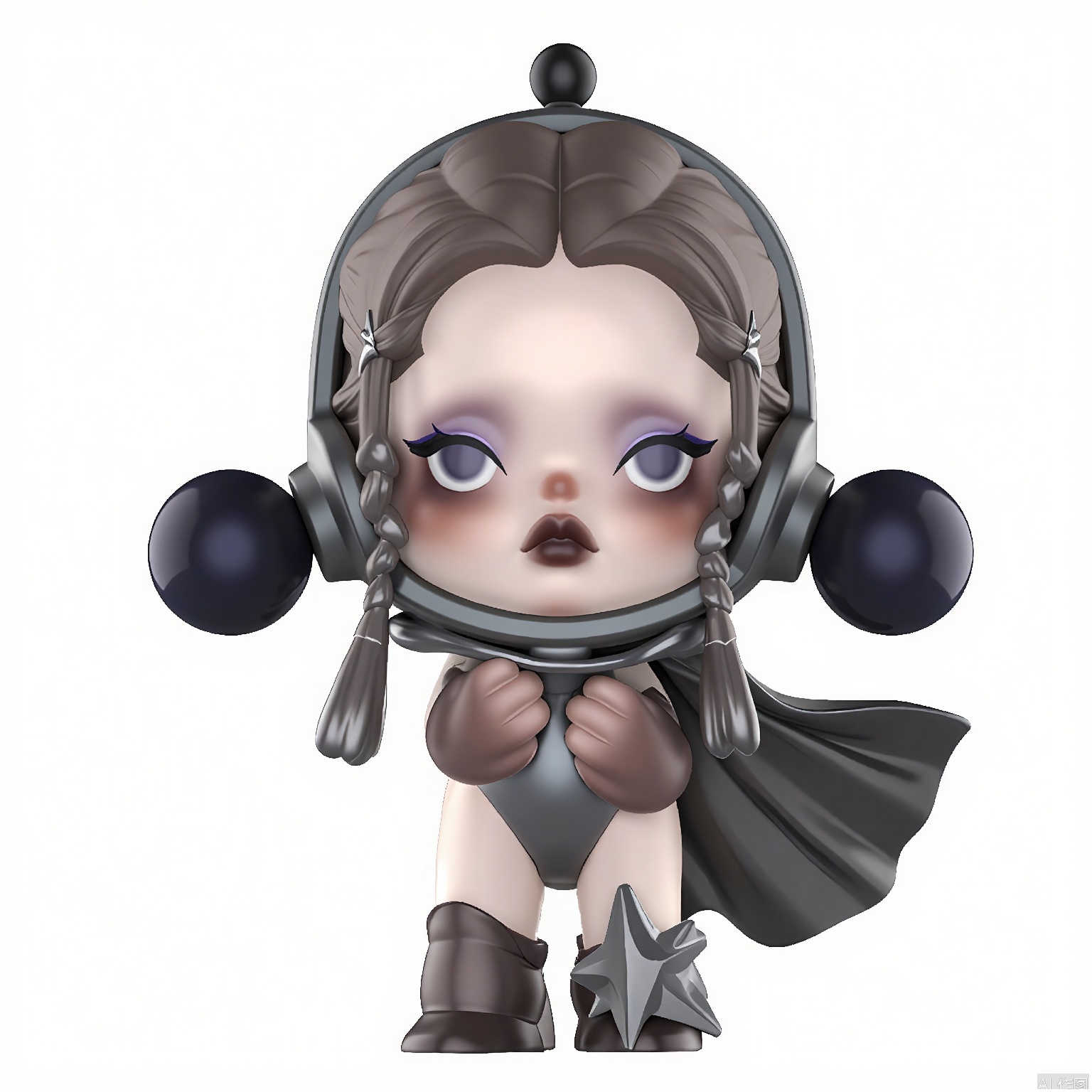 PPMT, A digital illustration of a chibi-style character with a helmet and a black, star-shaped accessory on their head. The character has braided hair, large eyes with purple eyeshadow, and a serious expression. They wear a metallic, futuristic outfit with a cape and a belt with a star-shaped buckle. The background is white, and the style is reminiscent of anime or manga art. The character's design is clean and detailed, with a focus on smooth textures and shading.