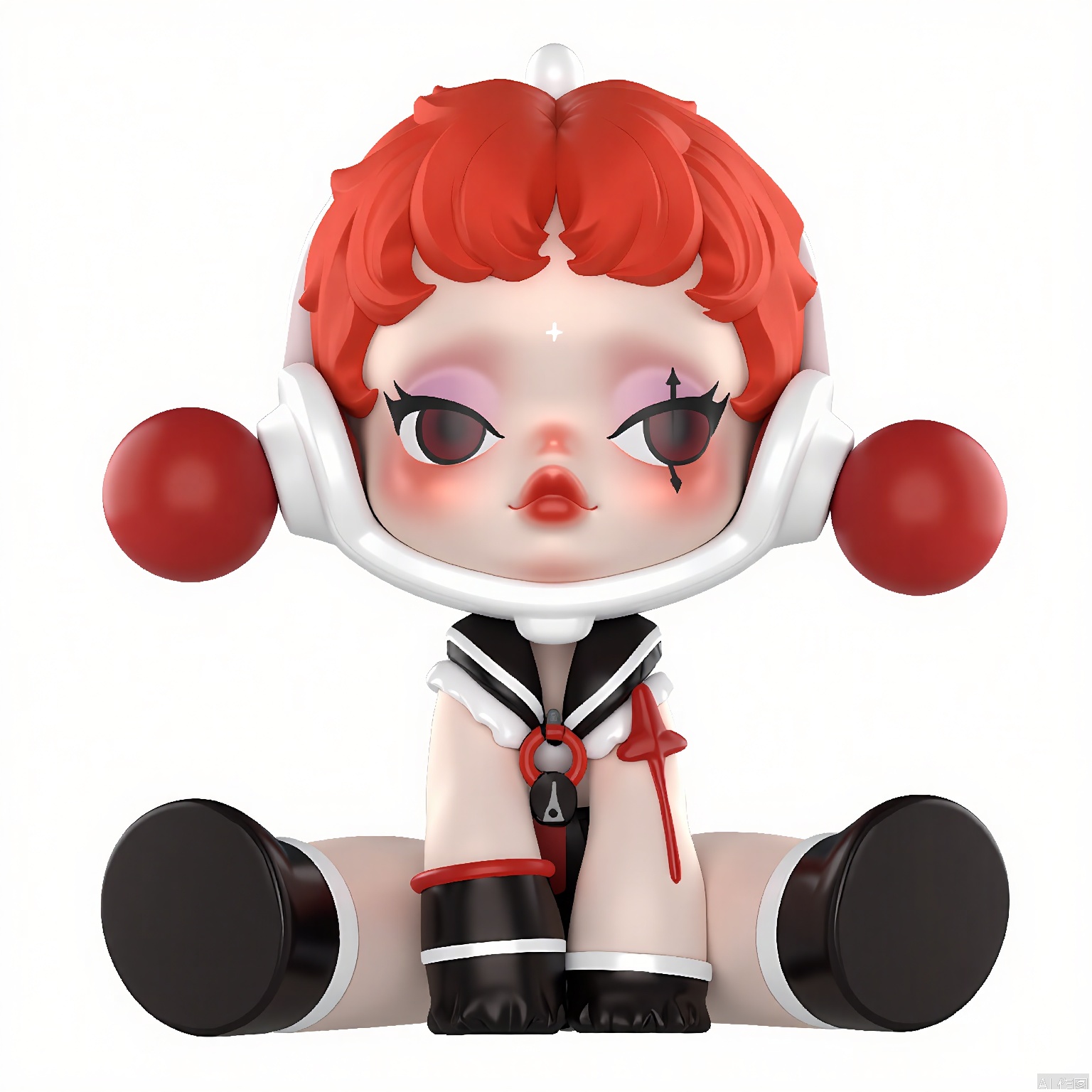 PPMT, A cute, chibi-style digital illustration of a young girl with bright red, curly hair styled in a bob cut with bangs, wearing oversized white headphones with red accents. She has large, round eyes with a cross symbol in the center and a small red mark on her cheek. She is dressed in a black and white outfit with red accents and a red zipper, sitting on a pair of black, futuristic-looking speakers. The background is plain white. The image has a playful and whimsical feel, with a focus on the character's expressive features and vibrant colors.