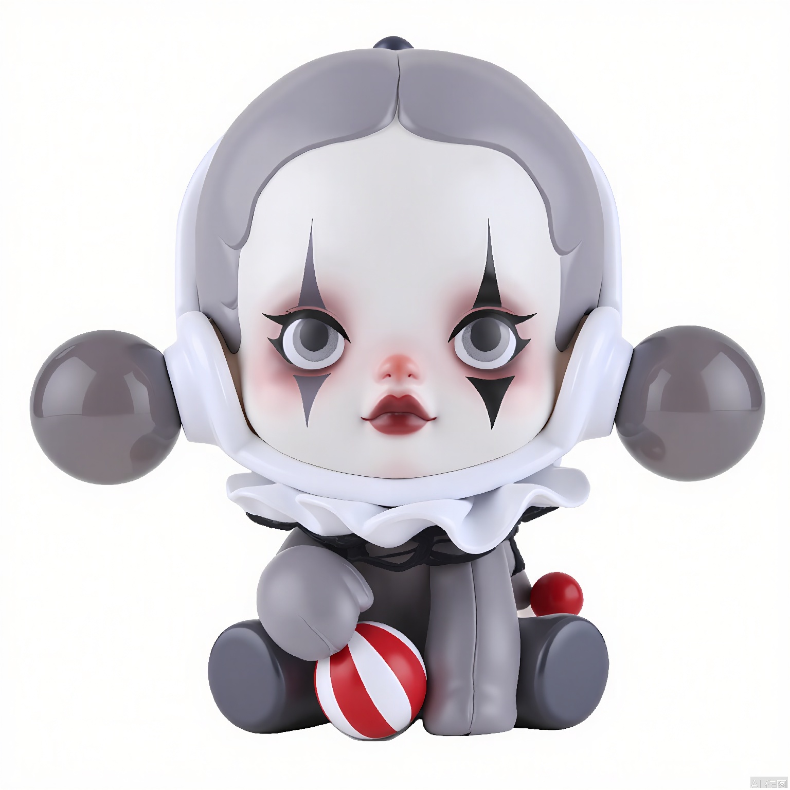 PPMT, A small, round, plush toy clown with a grey body and white face, wearing a white ruffled collar and a red and white striped ball in its hand. The clown has a small red nose, black and white eyes, and a black star-shaped mark on its right cheek. The background is plain white. The clown has a cute and playful expression.