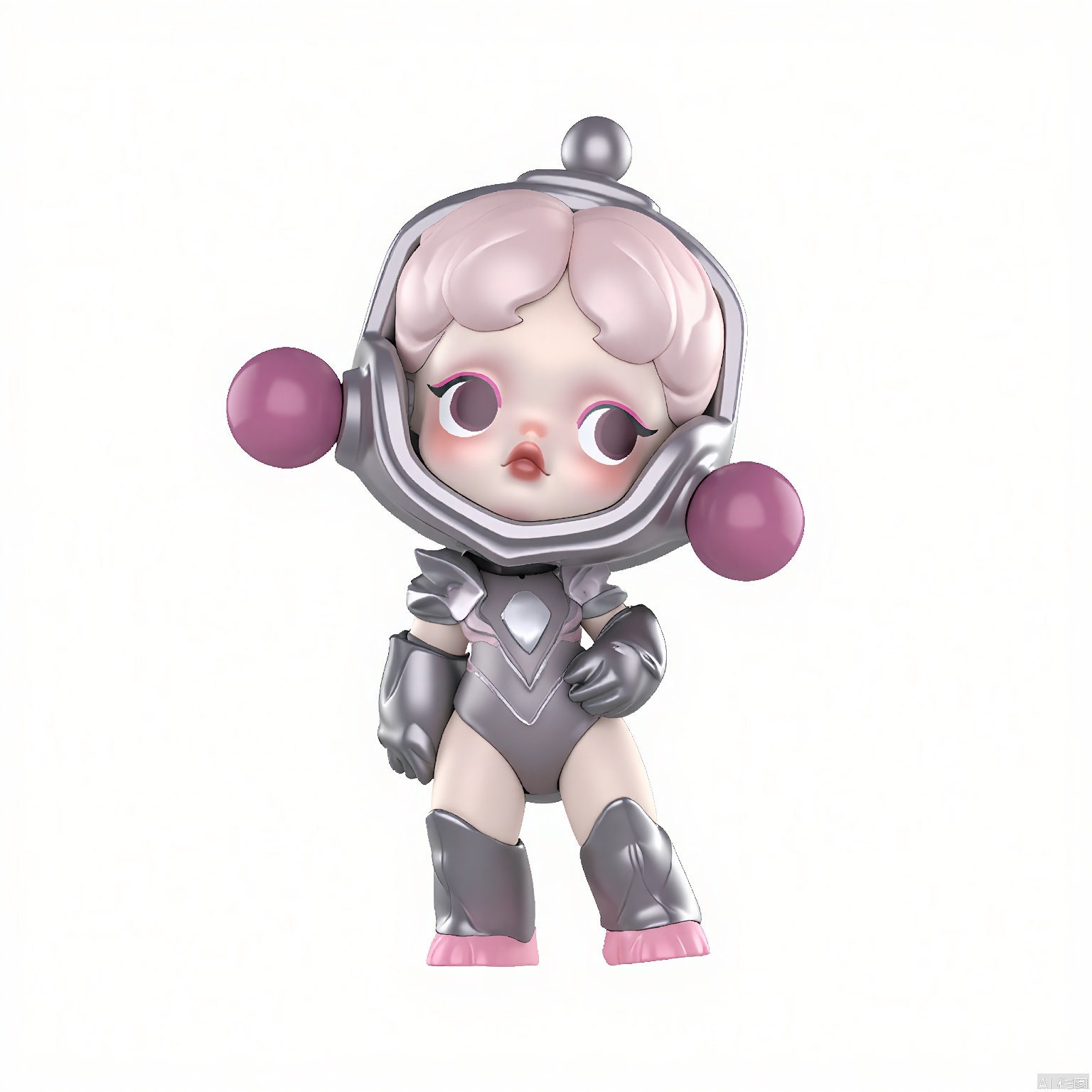 PPMT, Digital illustration of a cute, chibi-style character wearing a futuristic, metallic suit with pink accents. The character has large, round eyes with pink irises and a small, open mouth with a pink tongue. They have short, light pink hair and are wearing a helmet with large, round goggles. The background is plain white, and the character is posed standing with one hand on their hip. The style is reminiscent of Japanese anime and manga.