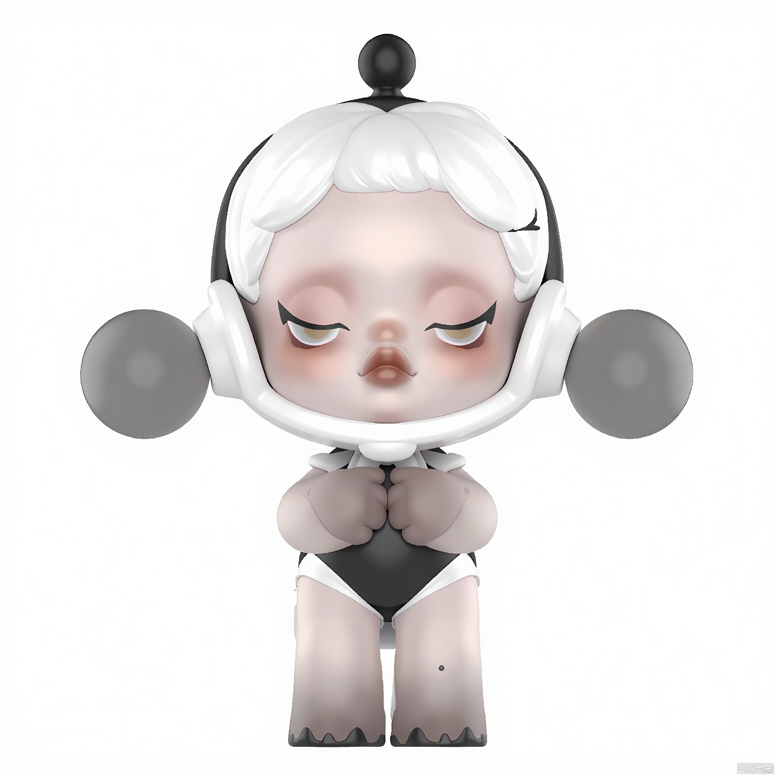 PPMT, A digital illustration of a chibi-style character with white hair and large, round eyes, wearing a black and white outfit that includes headphones. The character has a small, rounded body and is standing with a shy or embarrassed expression, with their hands clasped in front of their chest. The background is plain white, and the character has a small, black dot on the top of their head, resembling a hair clip or accessory. The overall style is cute and whimsical, with a soft, pastel color palette.