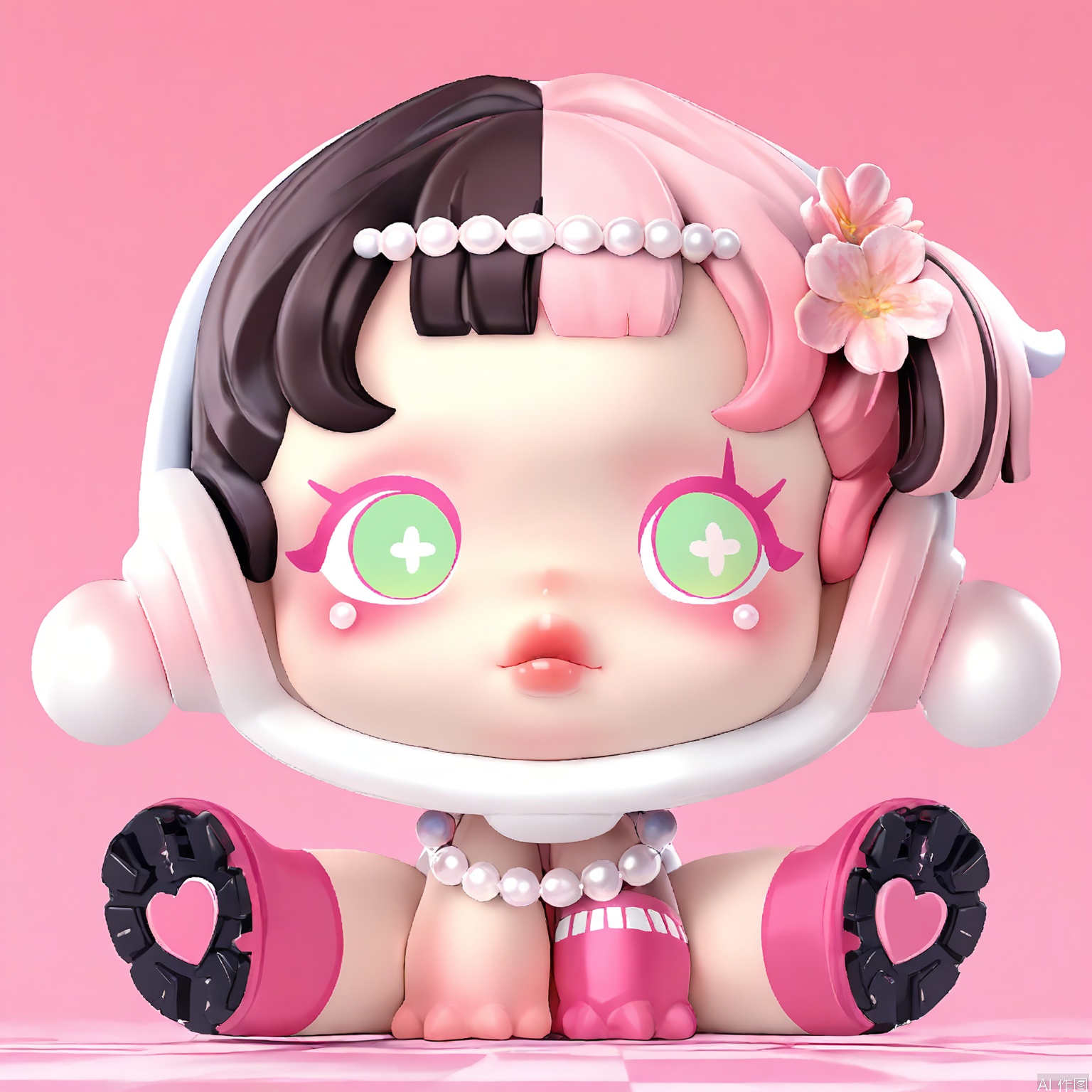 PPMT, A chibi-style illustration of a cute, young girl with a split-color hairstyle, one side pink and the other black, adorned with a pink flower and pearl accessories. She has large, green eyes, rosy cheeks, and is wearing pink and white clothing with a pink and white headband. Her expression is neutral, and she is sitting on a pink and white patterned surface. The style is whimsical and playful, with a soft, pastel color palette.
