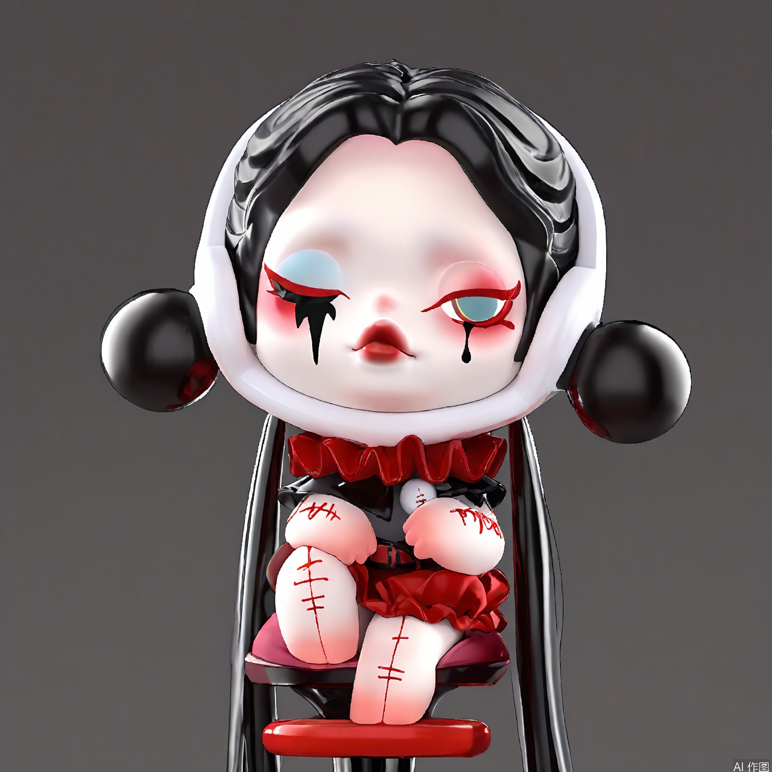 PPMT, A chibi-style drawing of a character with a large head, small body, and exaggerated features. The character has black hair styled in two long pigtails, pale skin, and a small, round body. They are wearing a red ruffled collar and a red belt, with a white and red outfit. The character has a small, black tear mark on their cheek and a single eye, which is closed. The background is plain white. The character is sitting on a red bar stool with a white seat. The style is cute and whimsical.