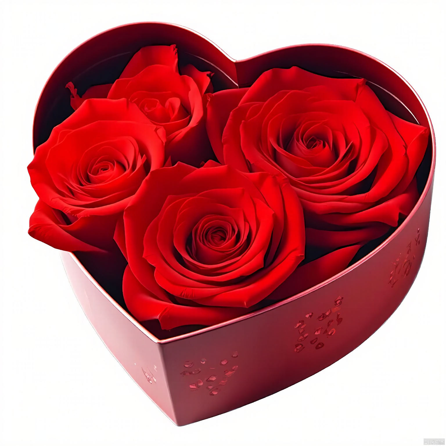 LH, A photograph of a heart-shaped box of red roses, partially open, revealing the vibrant red petals inside. The box itself is wrapped in red paper with a pattern of small black hearts. The roses are lush and full, with soft, velvety textures. The background is plain white, making the colors of the roses and box stand out prominently. The overall mood is romantic and elegant, suitable for Valentine's Day or any occasion where love is the focus.