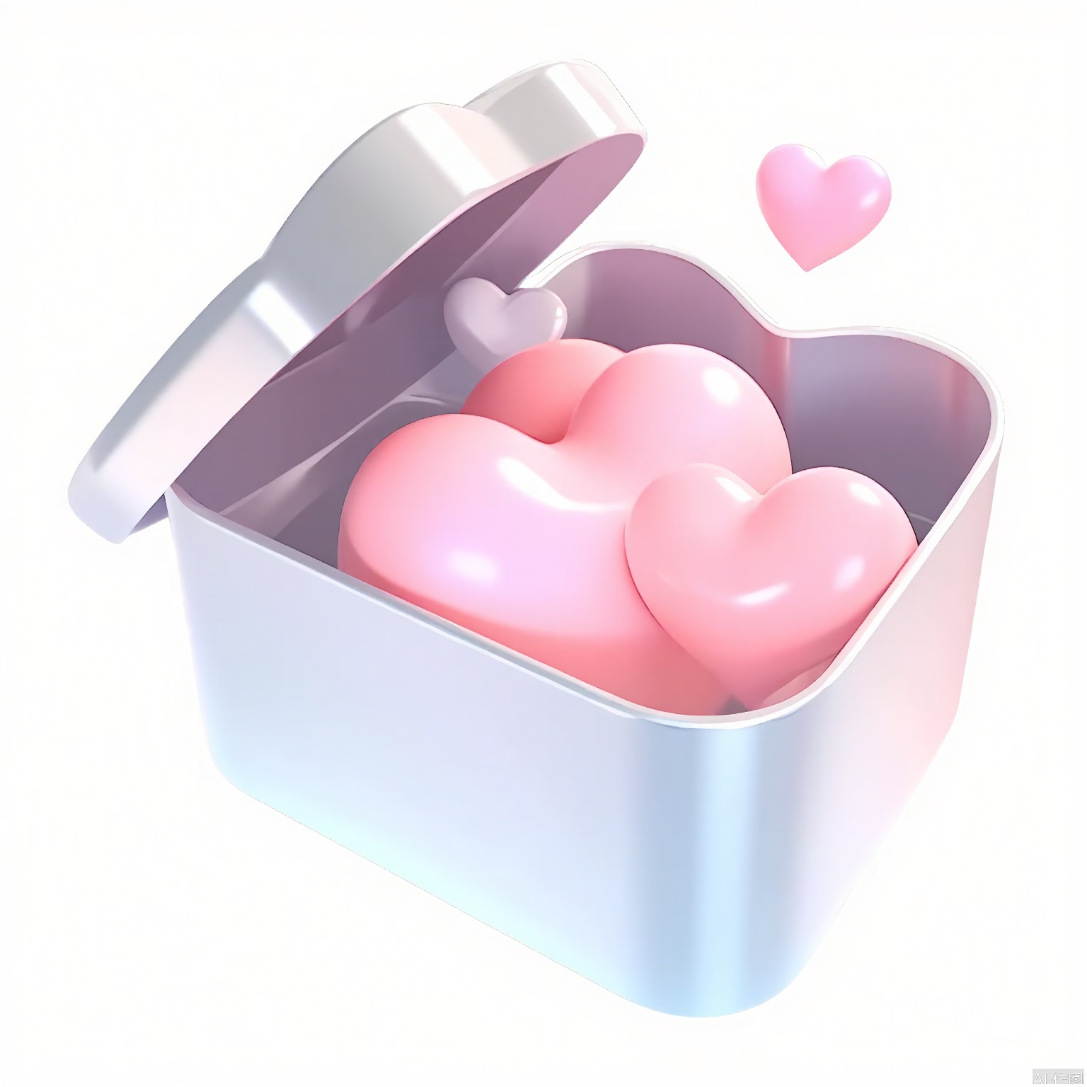 LH, A digital illustration of a heart-shaped box with a silver lid, opened to reveal three large, pink hearts inside. The box is white with a gradient of light blue and pink hues. The hearts are smooth and shiny, with a gradient of pink shades. The background is plain white. The style is clean and minimalist, with a soft, pastel color palette. The overall aesthetic is cute and whimsical.