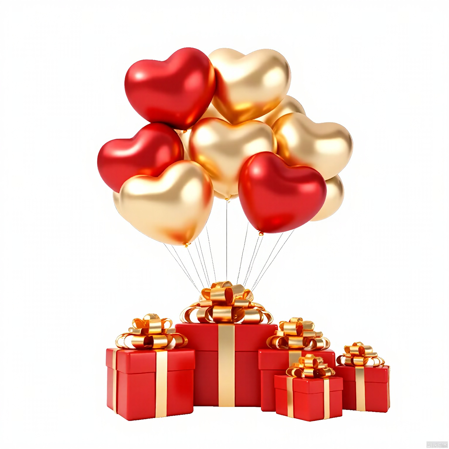 LH, A digital illustration featuring a festive scene with a group of red and gold balloons floating above a stack of six red gift boxes adorned with gold ribbons. The balloons and boxes are centered against a plain white background, creating a clean and elegant look. The balloons are shiny and reflective, adding a sense of celebration and joy. The boxes are neatly arranged in a triangular formation, with the largest box at the top and the smallest at the bottom. The overall color scheme is warm and festive, with a mix of red and gold hues.