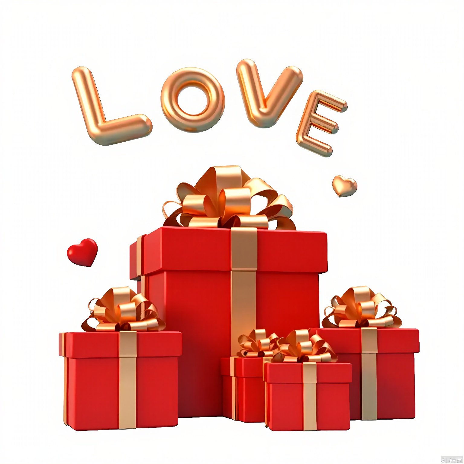 LH, Photograph of a stack of red gift boxes adorned with gold ribbons and bows, arranged in a pyramid shape. Above the boxes, the word "LOVE" is spelled out in large, shiny, gold letters. Two small red hearts float near the top of the image, adding a romantic touch. The background is a plain white, making the colors of the gift boxes and the letters stand out. The overall scene is bright and festive, with a focus on the theme of love and gift-giving.