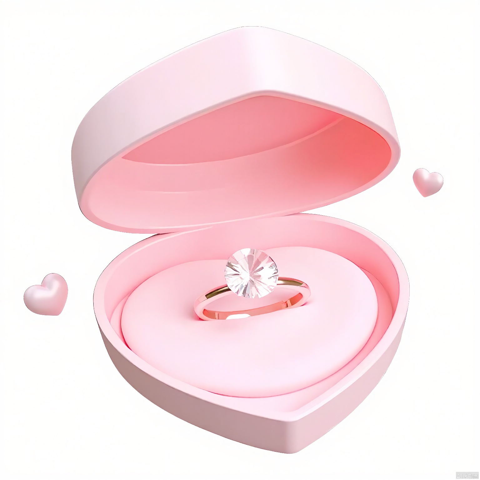 LH, Photograph of a pink heart-shaped box with a clear lid, containing a diamond engagement ring. The ring features a large, round diamond set in a simple band. The box is open, and the ring is resting on a soft, pink cushion inside. Two small, pink hearts float near the box, adding a playful touch. The background is plain white, keeping the focus on the box and the ring. The overall aesthetic is elegant and romantic, with a soft, pastel color palette.