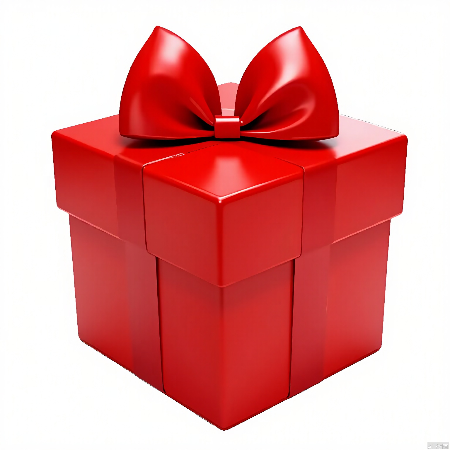 LH, A highly detailed, realistic 3D CGI image of a large, red gift box with a glossy finish. The box is square with a slightly protruding lid, adorned with a large, elegant, red ribbon bow. The lighting highlights the smooth texture and reflective surface of the box, giving it a luxurious appearance. The background is plain white, ensuring all attention is on the gift box. The style is modern and festive, suitable for holiday themes or special occasions.