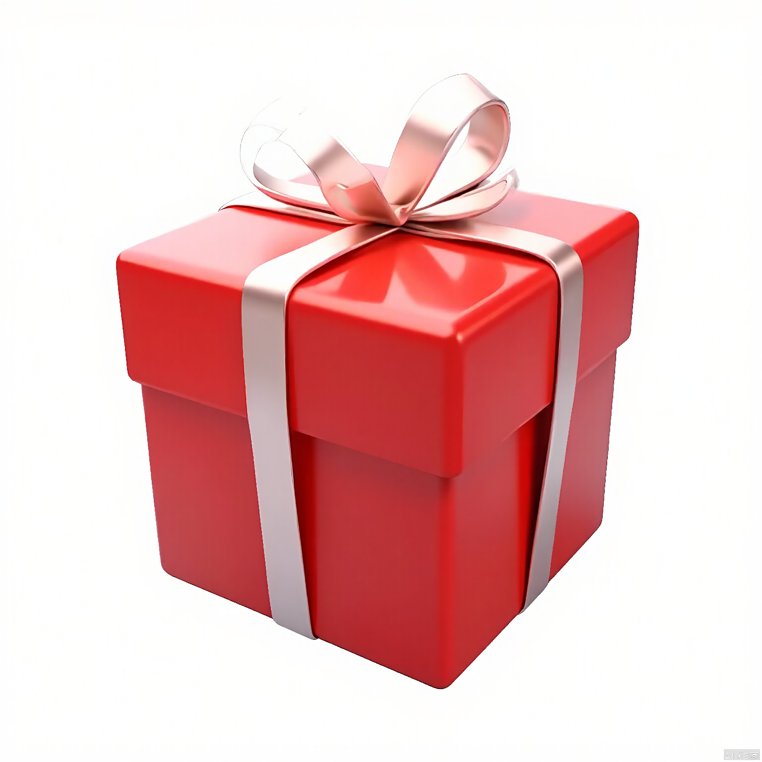 LH, A small, red gift box with a shiny, reflective surface, tied with a pale pink ribbon and a bow. The box is floating in mid-air against a white background. The image has a minimalist, clean aesthetic with a focus on the gift box. The lighting is soft and even, highlighting the smooth texture of the box and the delicate details of the ribbon. The overall style is simple and elegant, with a sense of anticipation and celebration.